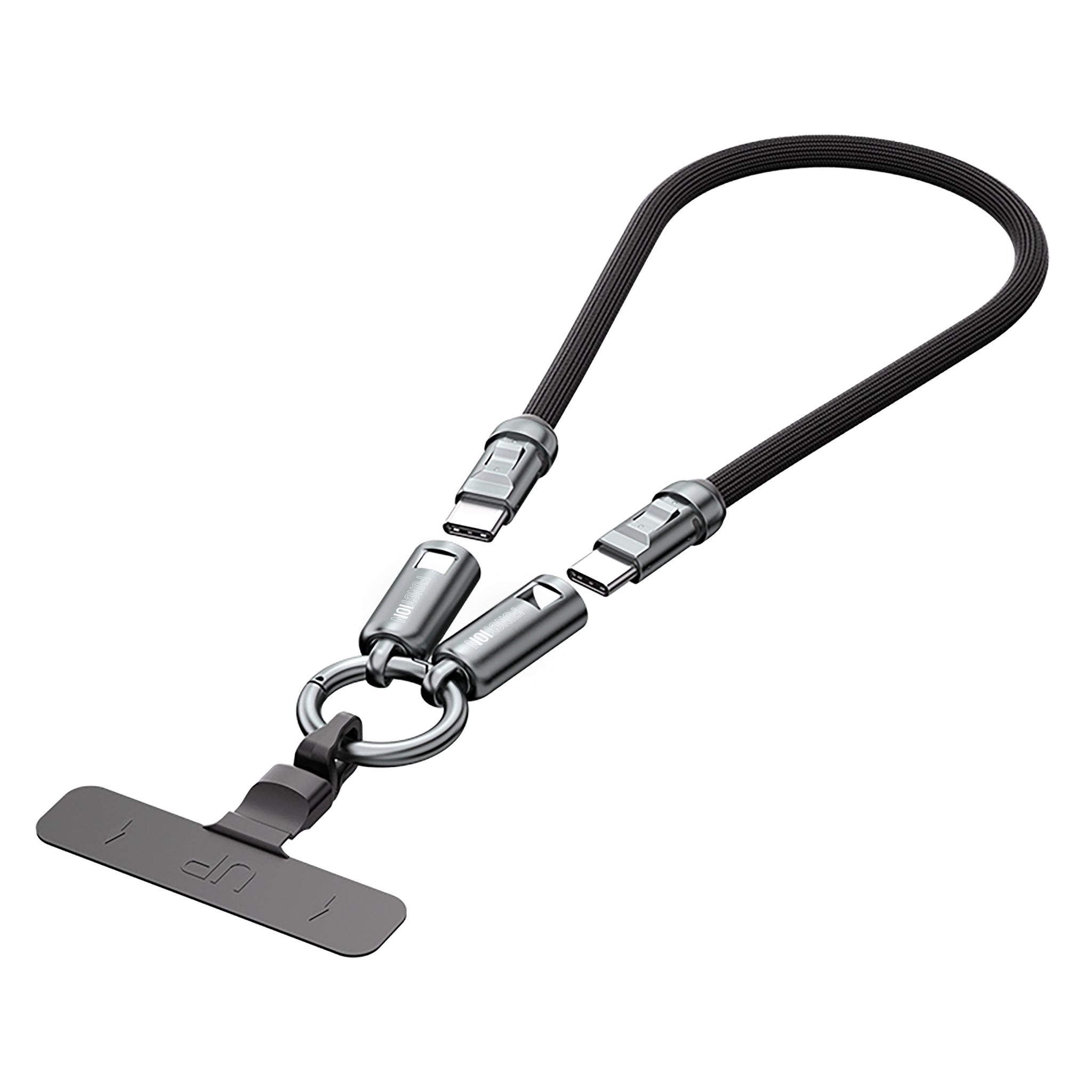 Black cable with metal connectors on a white background