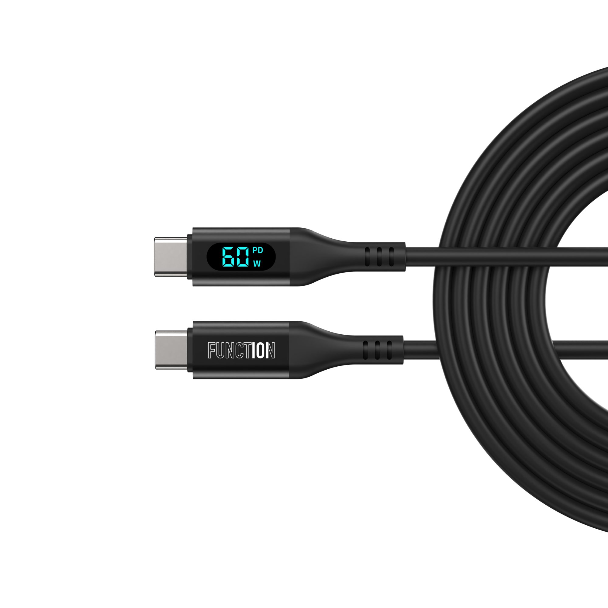 Black charging cable with digital display on a white background