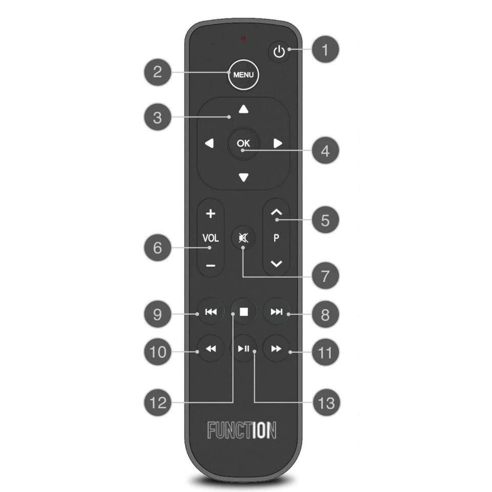 Function101 Button Remote for Apple TV with all 13 buttons numbered