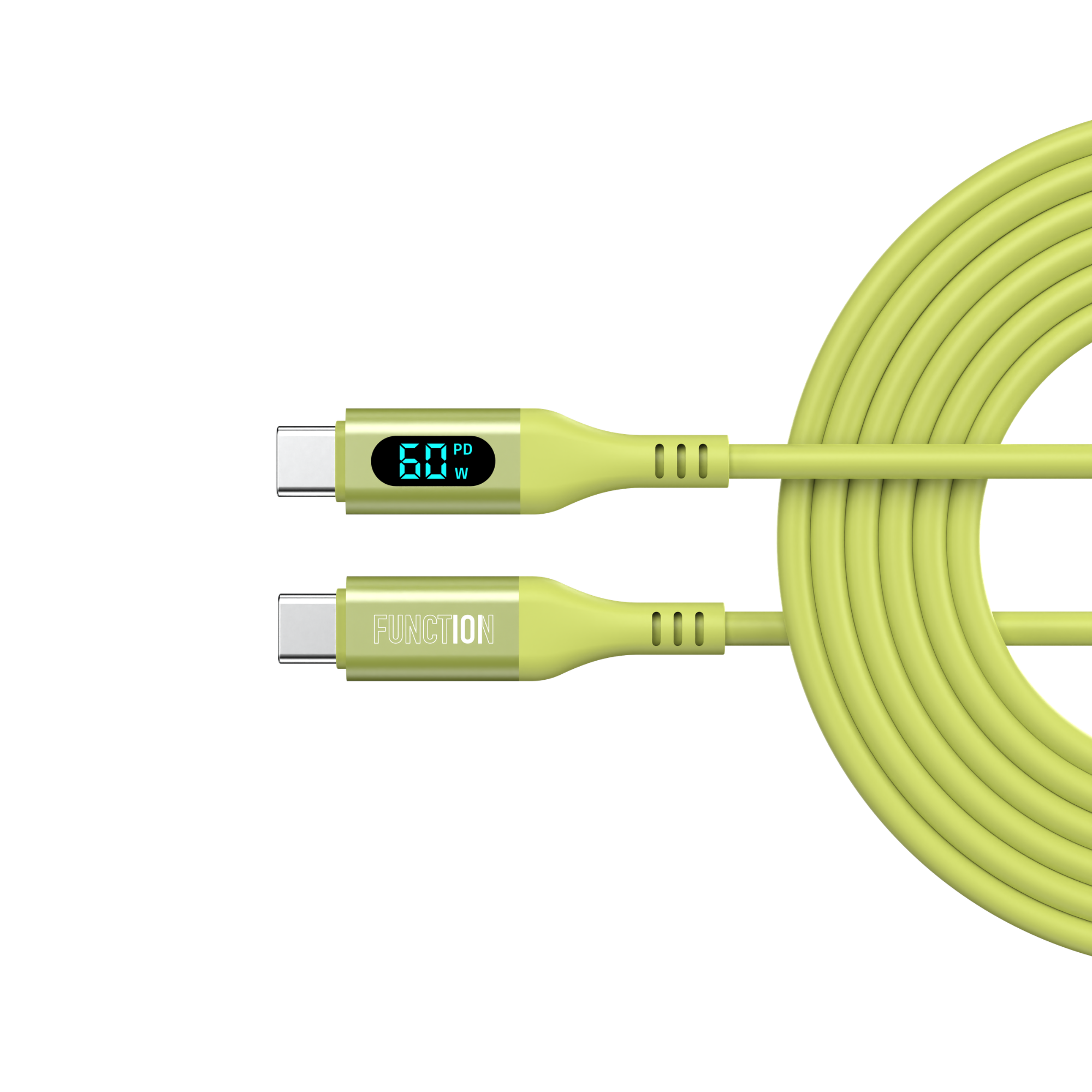 Green charging cable with digital display on a white background