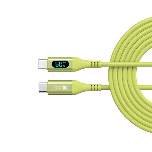 Green charging cable with digital display on a white background