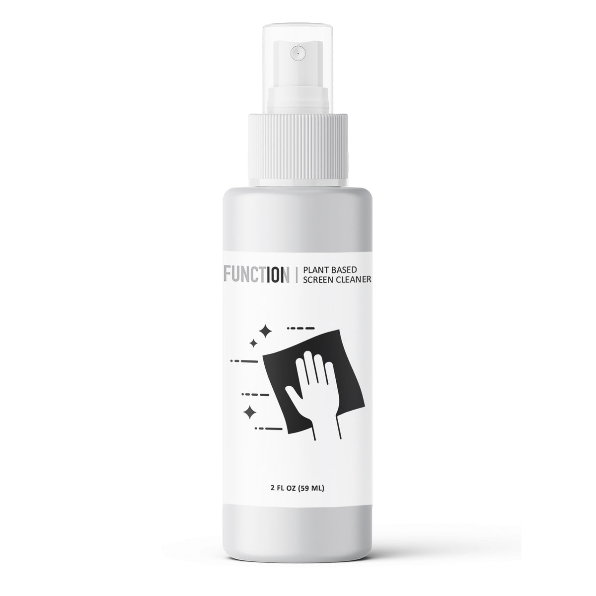 White spray bottle electronics screen cleaner labeled 'Function' on a white background