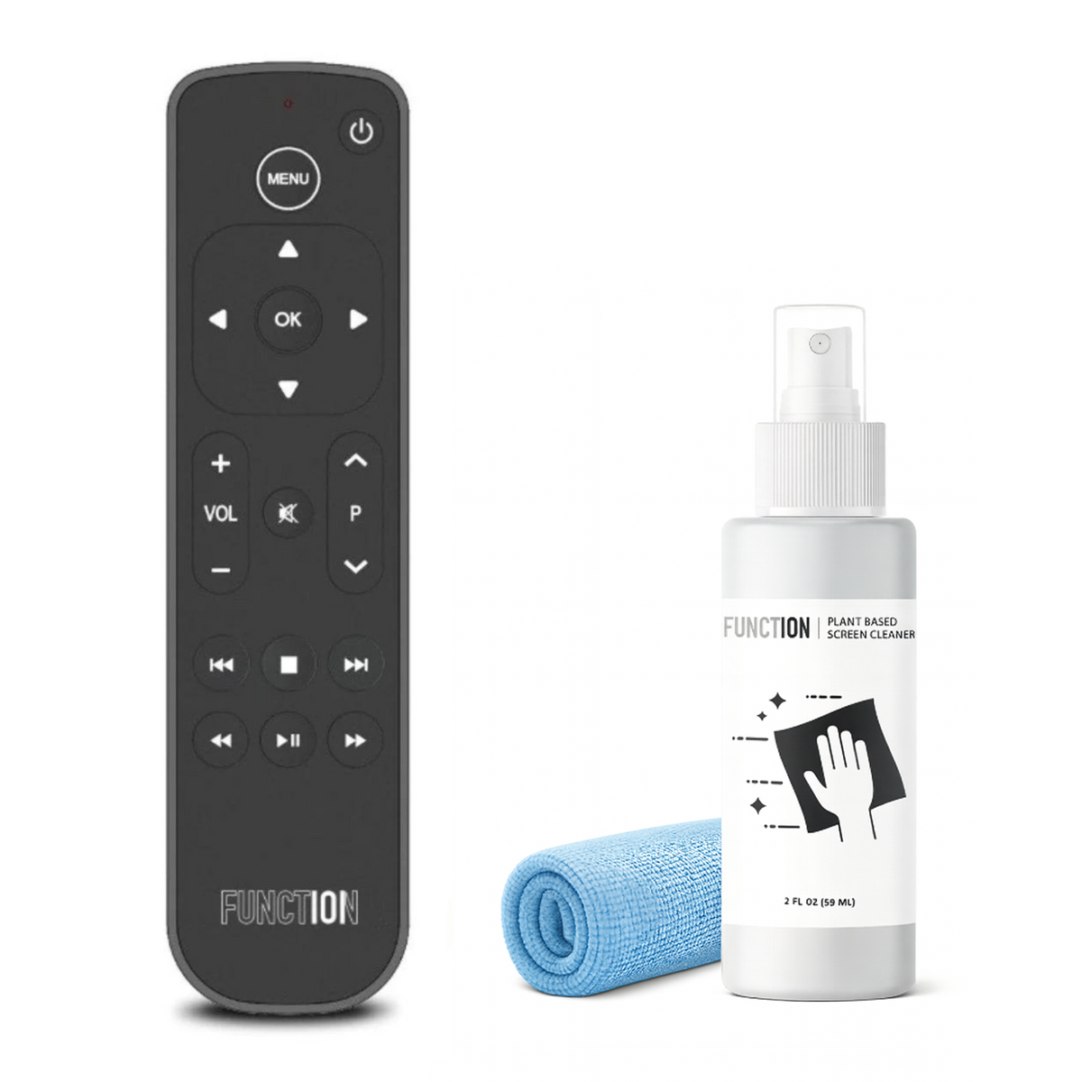 Black remote control, blue microfiber cloth, and white spray bottle on a white background
