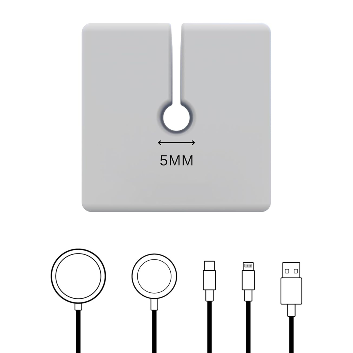 Function101 Cable Block 5mm silicone slot shown with Lightning, USB-C and USB-A cable ends