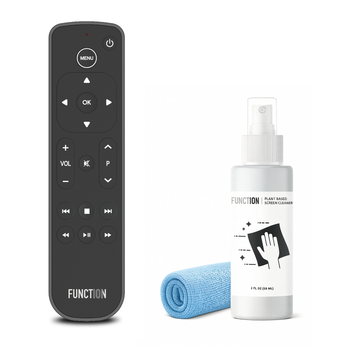 Black remote control, blue microfiber cloth, and white spray bottle labeled 'FUNCTION' on a white background.