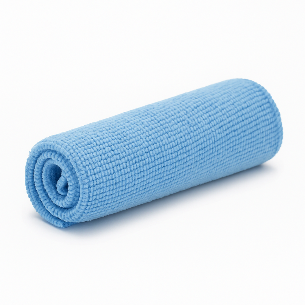 Rolled-up blue micro fiber towel on a white background that is included with Electronics Screen Cleaner Product