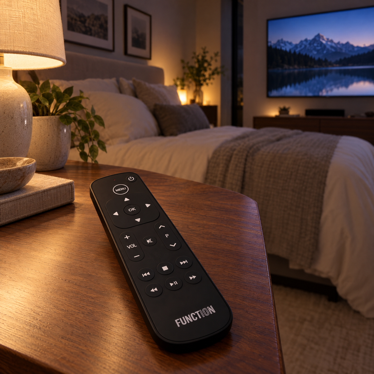 Function101 Button Remote for Apple TV on a walnut nightstand in a bedroom