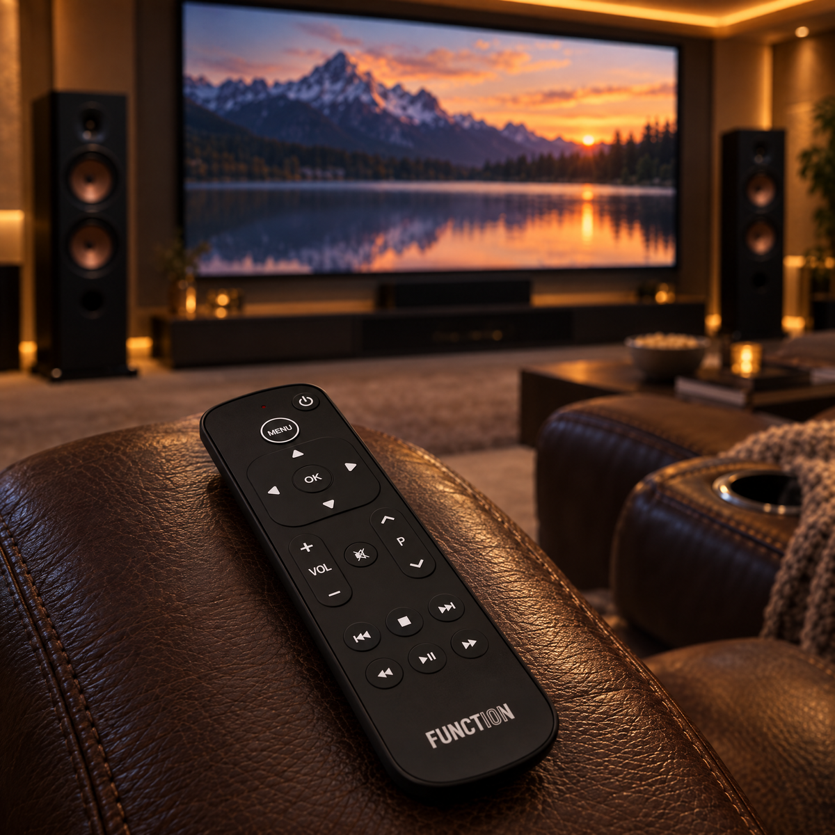 Function101 Button Remote for Apple TV on a leather recliner arm in a home theater