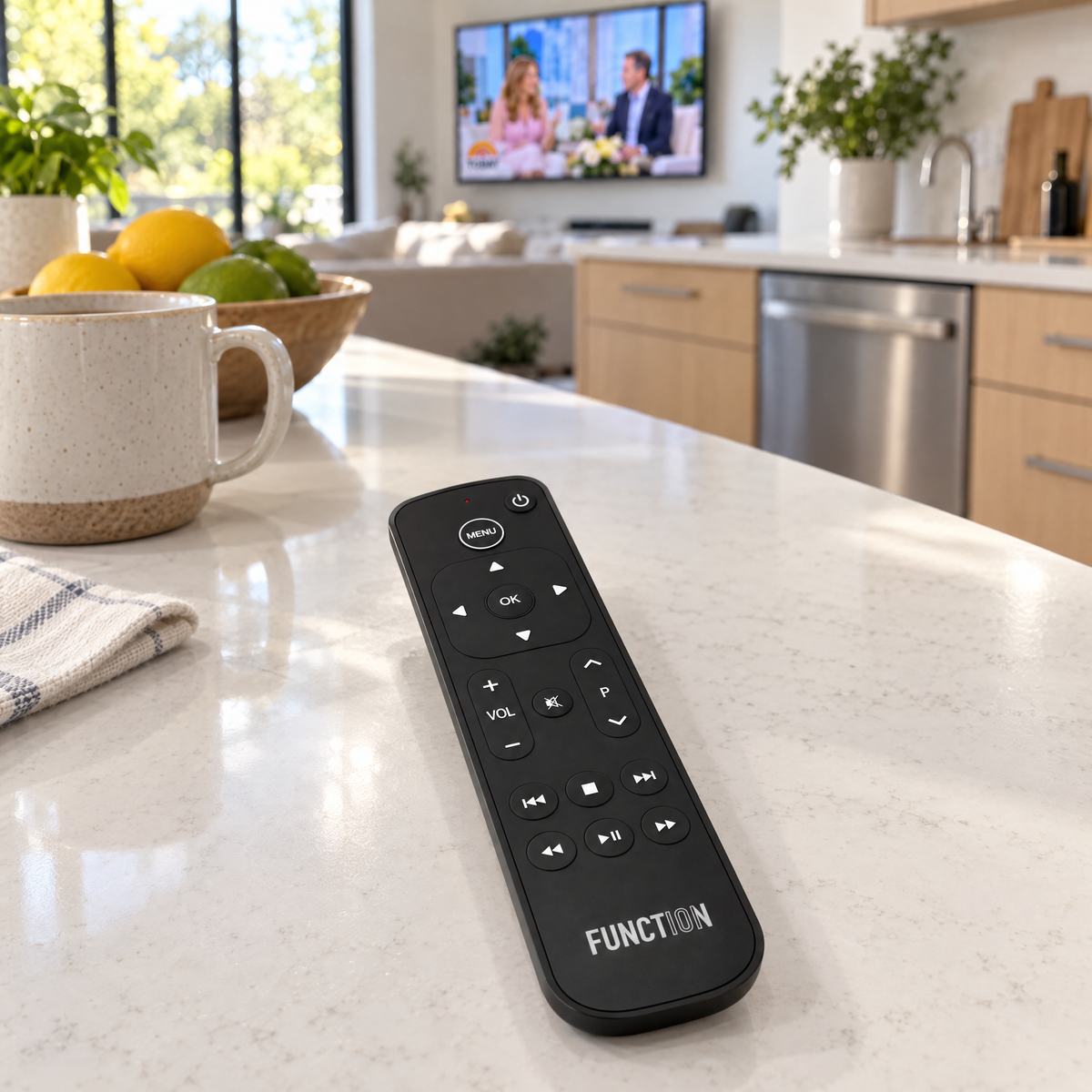 Function101 Button Remote for Apple TV on a kitchen island counter