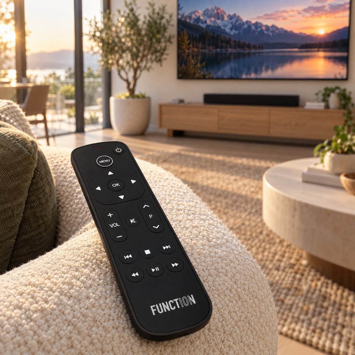 Function101 Button Remote for Apple TV on a sofa arm in a modern living room