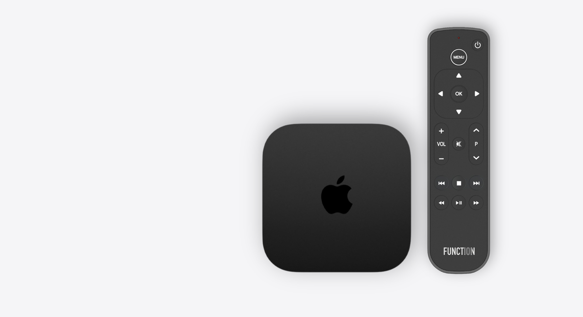 Button Remote for Apple TV beside an Apple TV box: the Apple TV experience, made simple at every press